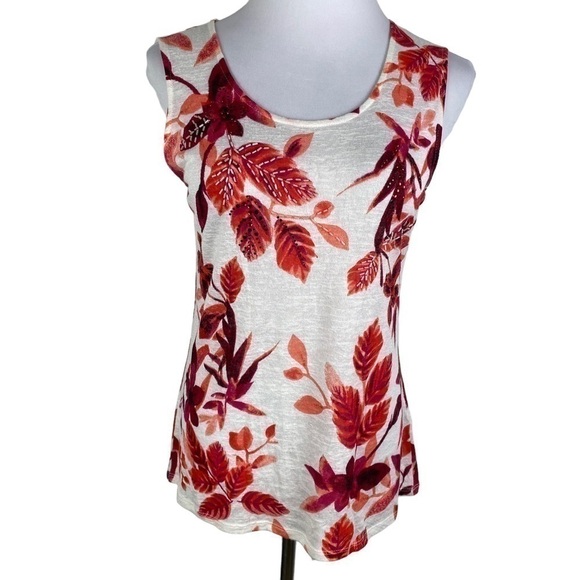 Leo Guy 2-Piece Floral Beaded Tank with Open Cardigan Women's 4 Beige Pink Red - Picture 3 of 12